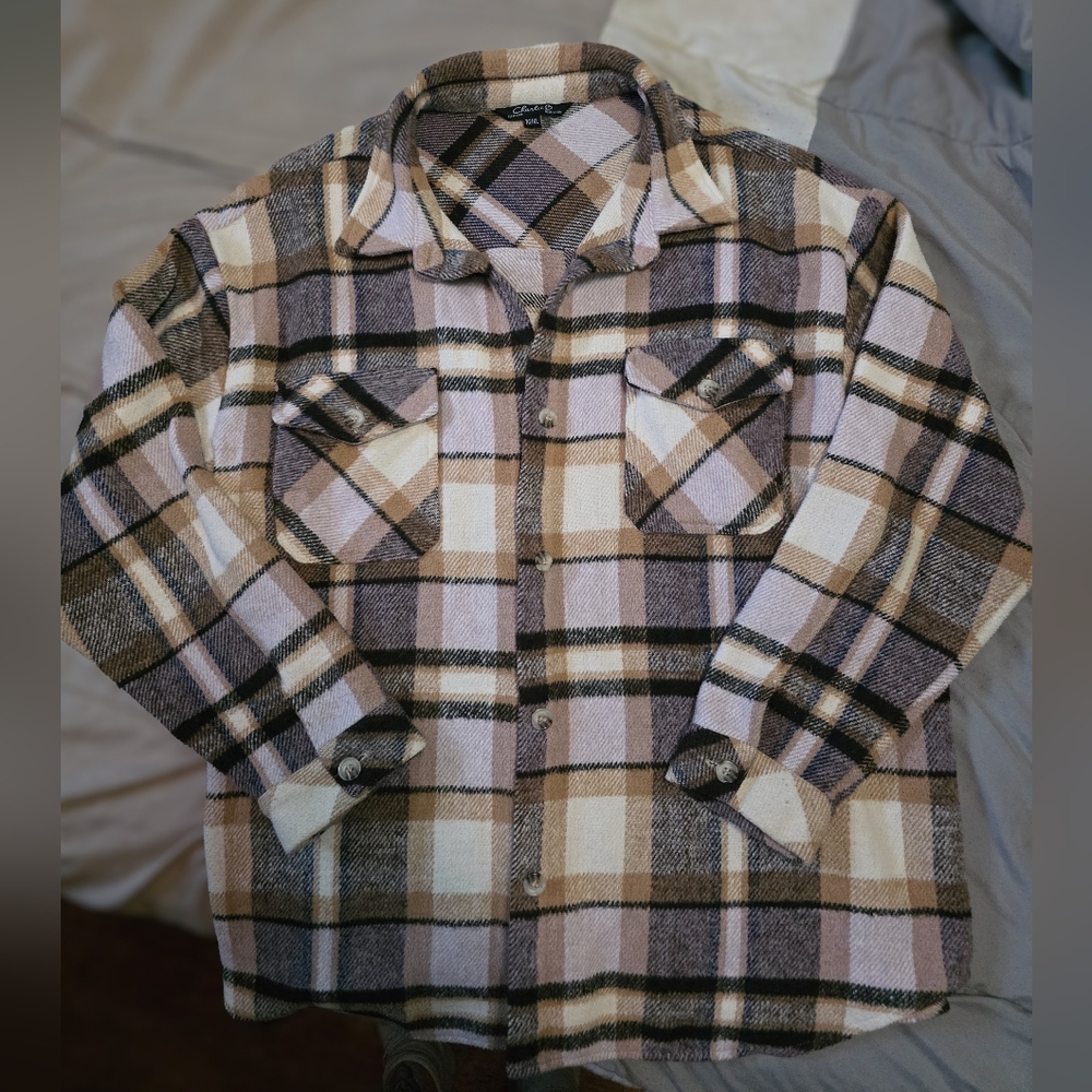 CHARLIE B Plaid Flannel Jacket in Brown, Cream And Lavender